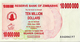 Zimbabwe Inflation -  10 million dollars