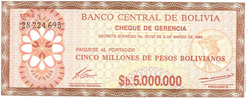 Bolivia – 5 million pesos bolivianos, 1985
